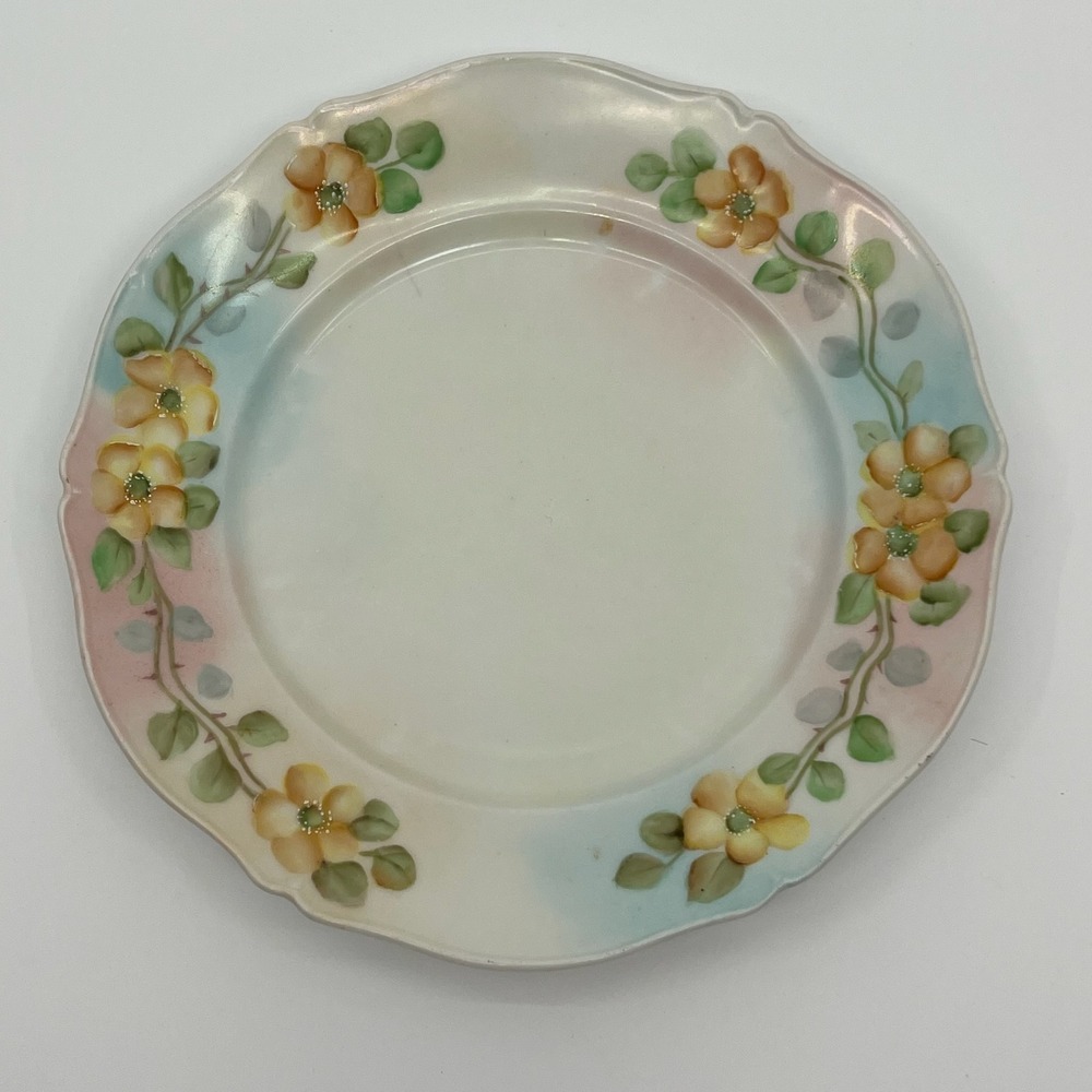 Antique Austria Hand Painted Peach Floral Cabinet Plate Hairline Crack 9.75"